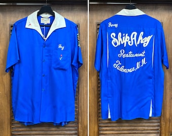 Vintage 1950’s “King Louie” Ship Ahoy Rayon Gab Embroidery Loop Collar Bowling Shirt, Rockabilly Shirt, 50’s Vintage Clothing