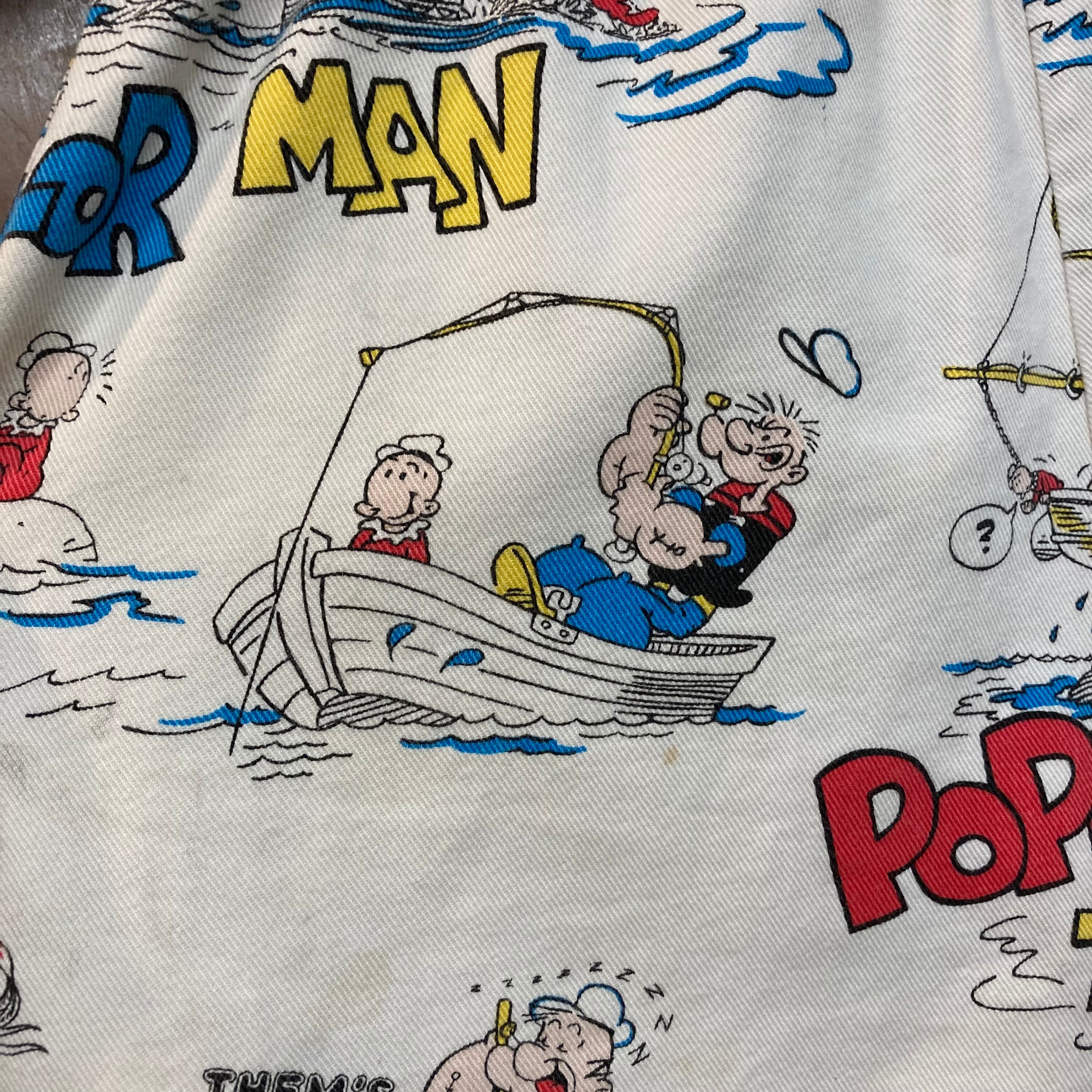 Vintage 1970's w30-32 Popeye de Sailor Cartoon Pop Art Katoen Twill Zwembroek Vintage Kleding Kleding Gender-neutrale kleding volwassenen Shorts 70's TV Show 