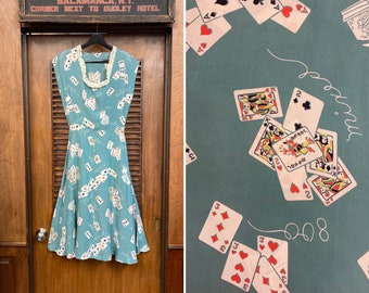 Vintage 1940’s Silky Rayon Atomic Playint Cards Gambling Vegas Rockabilly Dress, 1940’s Dress, Vintage Novelty Print, Rayon Dress, Poker,