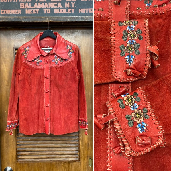 "Vintage 1970er Jahre ""Char"" Seltene Farbe Hippie gemalte Whipstitch Leder x Wildlederjacke, 70er Jahre Vintage Kleidung."