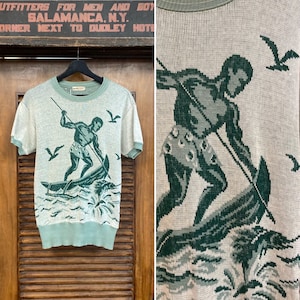 Vintage 1940’s Cotton Knit Spearfisher Picture Pullover Hawaiian Shirt, Two-Sided, Original 1940’s Shirt, 40’s Vintage Clothing