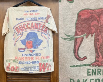 Vintage 1960’s Pirate x Elephant Feed Sack Mod Pop Art Shirt Top, 60’s Beatnik, 60’s Flour Sack Shirt, Vintage Clothing