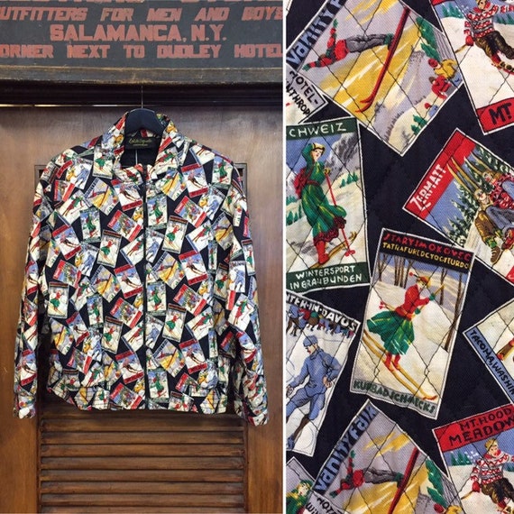 Vintage 1980’s Ski Postcard Quilted Jacket, 80’s S