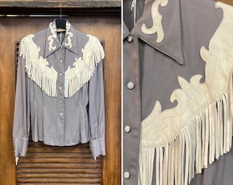 Vintage 1950’s Amazing Western Cowboy Leather Fringe Rayon Gabardine Cowgirl Rockabilly Shirt Top, 50’s Vintage Clothing