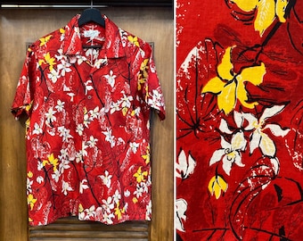 Vintage 1950’s “Duke of Hollywood” Cotton Floral Tiki Loop Collar Mod Hawaiian Shirt, 50’s Vintage Clothing
