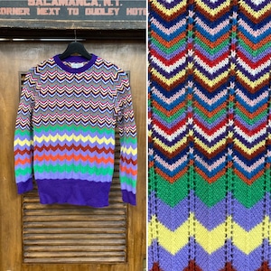 Vintage 1960’s Glam Multi-Color Mod Zig Zag Acrylic Knit Sweater, 60’s Vintage Clothing