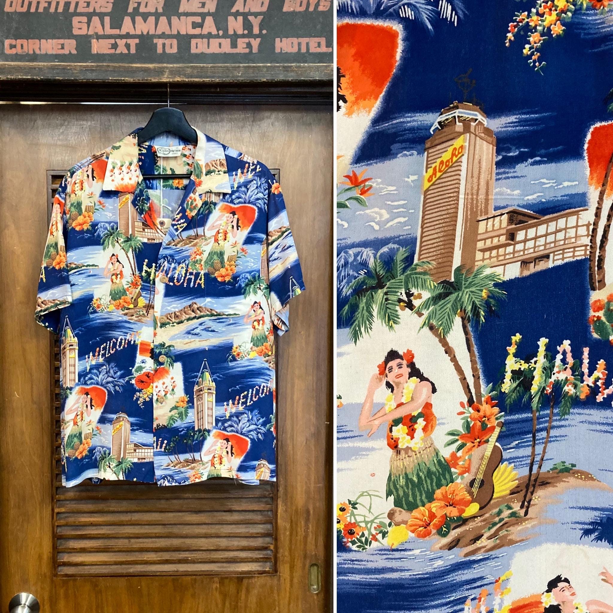 Vintage 1950’s Size L “Iolani” Hula Girl x Aloha Tower Crepe Hawaiian Shirt, Original, Loop Collar, Matching Pocket, 50’s Vintage Clothing