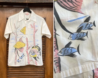 Vintage 1950’s Underwater Fish Cotton Print Rockabilly Hawaiian Shirt Top, Youth Size, 50’s Vintage Clothing