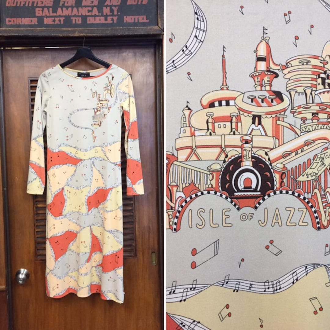 Vintage 1960's Music Note Isle of Jazz Long Sleeve Dress, Vintage