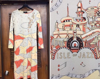 Vintage 1960&#39;s Music Note Isle of Jazz vestido de manga larga, Vintage 1960s vestido, music Note print, Gene Berk, vestido de Pucci, Vintage Mod Vestido