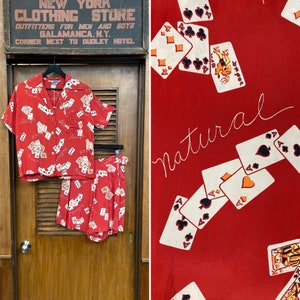 Vintage 1950's Vegas Gambling Playing Cards Rayon Rockabilly Playsuit Set, Vintage Two Piece, 1950's Playsuit, Novelty Print, Vintage Set,