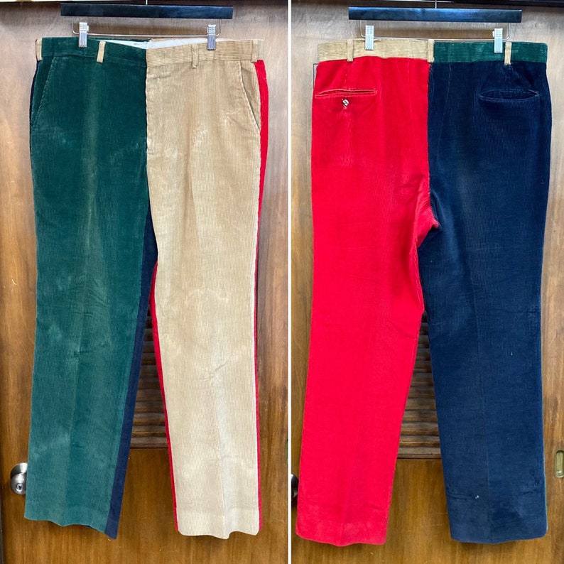 Vintage 1970s w39 Color Block Mod Corduroy Krazy Pants Trousers, 70s Vintage Clothing image 1