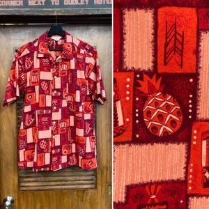Vintage 1950’s Size L Atomic Drum x Pineapple Cotton Hawaiian Shirt, Loop Collar, Tiki, 1950’s Shirt