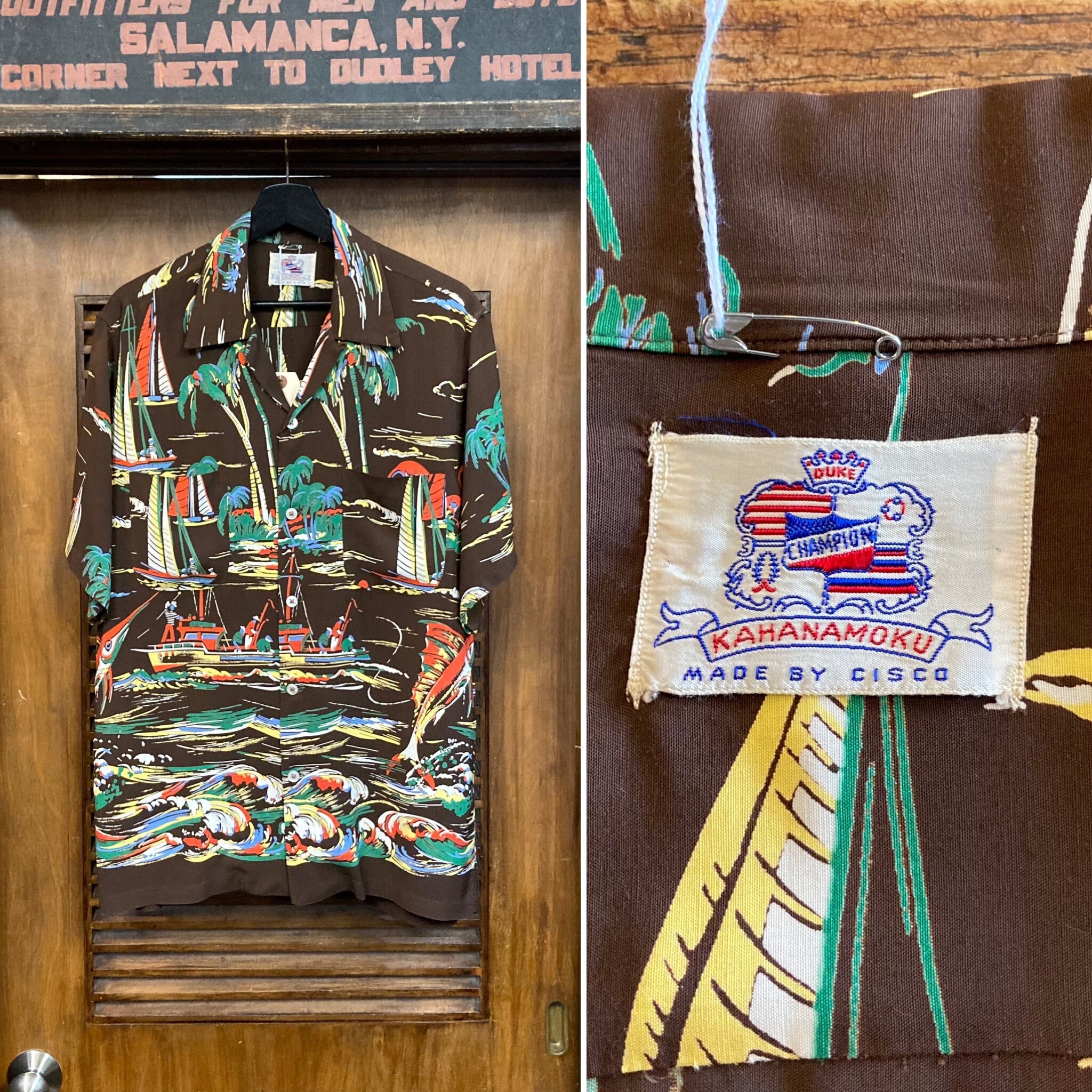 Vintage 1950's Size L “duke Kahanamoku” Marlin Border Rayon Vintage 1950's Size L “duke Kahanamoku” Marlin Border Rayon