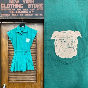Vintage 1950’s Gym Romper Playsuit Cotton Outfit W Bulldog Transfer, Vintage Gym Uniform, Vintage Dress, 1950’s Cotton, Vintage Romper, Dog