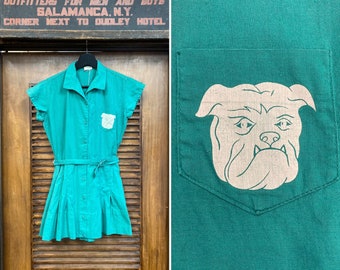 Vintage 1950’s Gym Romper Playsuit Cotton Outfit W Bulldog Transfer, Vintage Gym Uniform, Vintage Dress, 1950’s Cotton, Vintage Romper, Dog