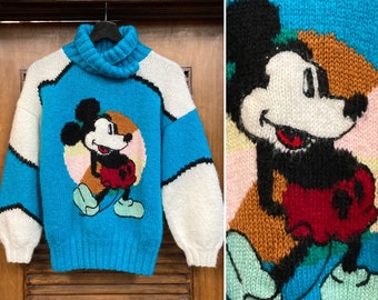 Vintage 1980’s Hand Knit Mickey Mouse Disney New Wave Sweater, 80’s Knit Top, Vintage Shawl Collar, Vintage Clothing