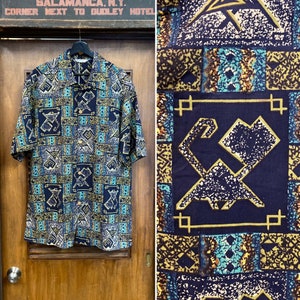 Vintage 1950’s Size XL “Kilohana” Atomic Tiki Cotton Loop Collar Hawaiian Shirt, Original, 50’s Vintage Clothing
