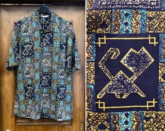 Vintage 1950’s Size XL “Kilohana” Atomic Tiki Cotton Loop Collar Hawaiian Shirt, Original, 50’s Vintage Clothing