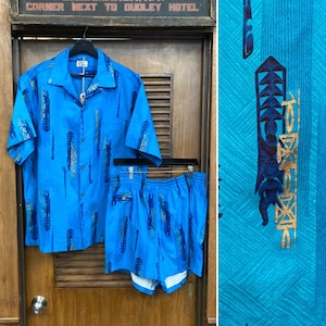 Vintage 1950’s Atomic Tiki Cotton Hawaiian 2-Piece Shirt x Swim Trunks, 1950’s Shirt, Vintage Hawaiian Shirt, Loop Collar