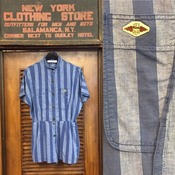 Vintage 1980’s Blue Stripe Cotton Romper, 1980’s R