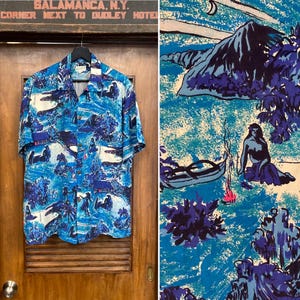 Vintage 1950’s Size L Hula Girl Village Tiki Evening Silk Hawaiian Shirt, Original, Loop Collar, 50’s Vintage Clothing