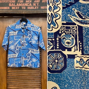 Vintage 1950’s “Shaheen’s” Surf n’ Sand Tiki Cotton Hawaiian Shirt-Jac Shirt, 50’s Loop Collar, Vintage Clothing