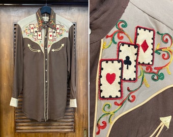 Vintage 1950’s “H Bar C” Playing Cards Western Cowboy Rayon Gabardine Rockabilly Shirt, 50’s Ranchwear, Vintage Clothing