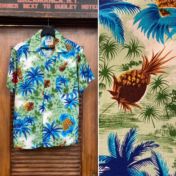 vintage 1960's Pineapple Bongo Drum Rayon Tiki Loop Collar Tropical Hawaiian Shirt, 60's vintage Clothing