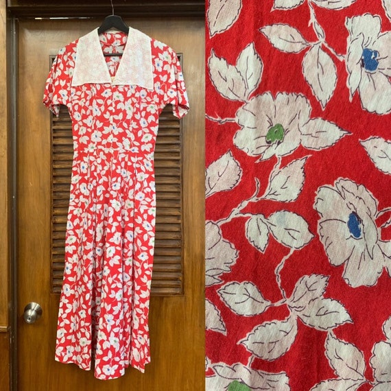 Vintage 1940's Red & White Floral Eyelet Cotton C… - image 1