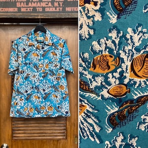 Vintage 1950’s Atomic Fish Cotton Loop Collar Tiki Hawaiian Shirt, 1950’s Shirt