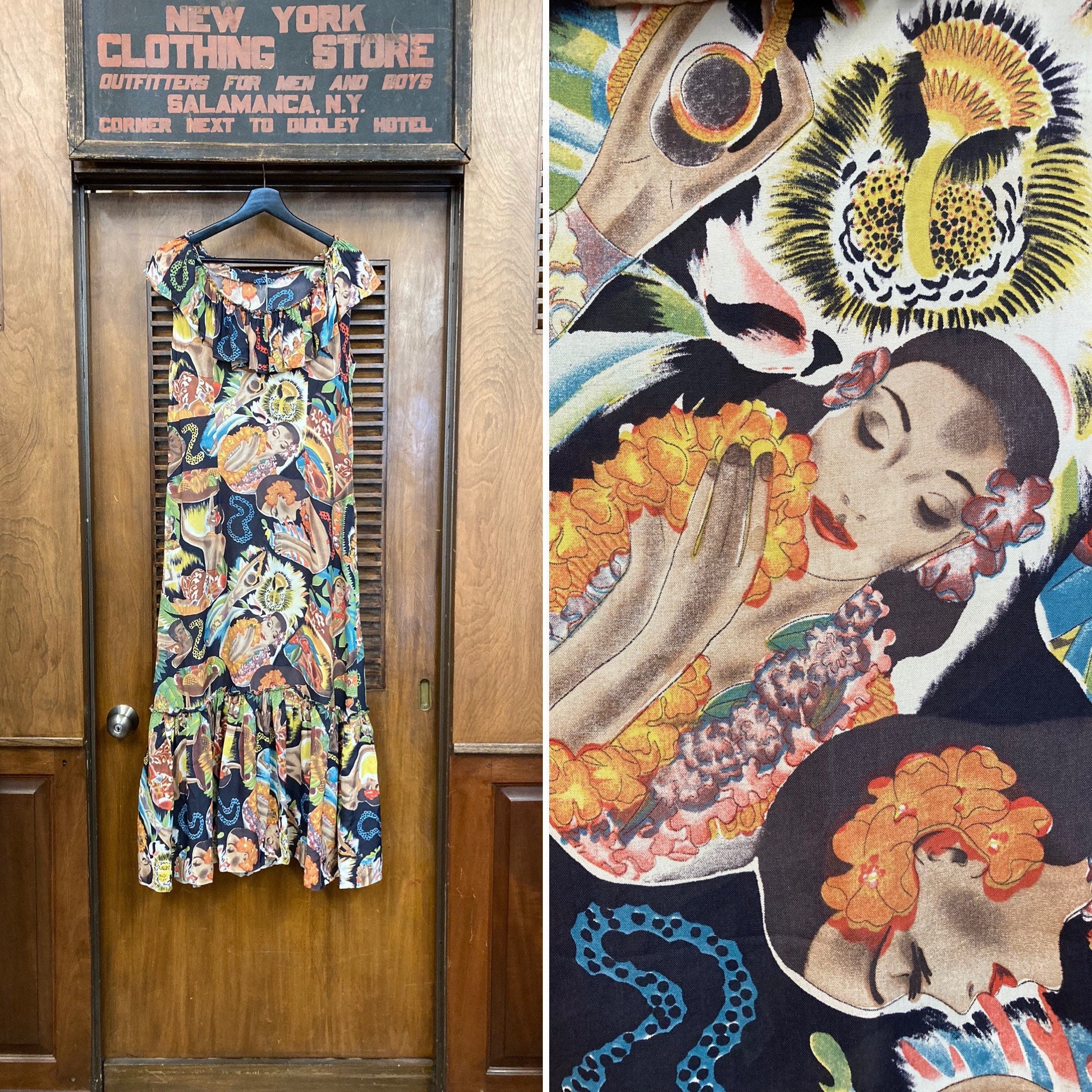 Vintage 1940's Frank Mcintosh Hula Girl Print Rayon Hawaiian Dress, Rayon, Print, Tiki Tropical