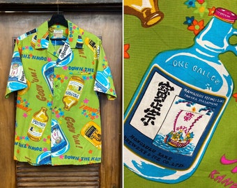 Vintage 1960’s Mod Pop Art Tiki Cotton Primo Beer Loop Collar Hawaiian Shirt, 60’s Vintage Clothing
