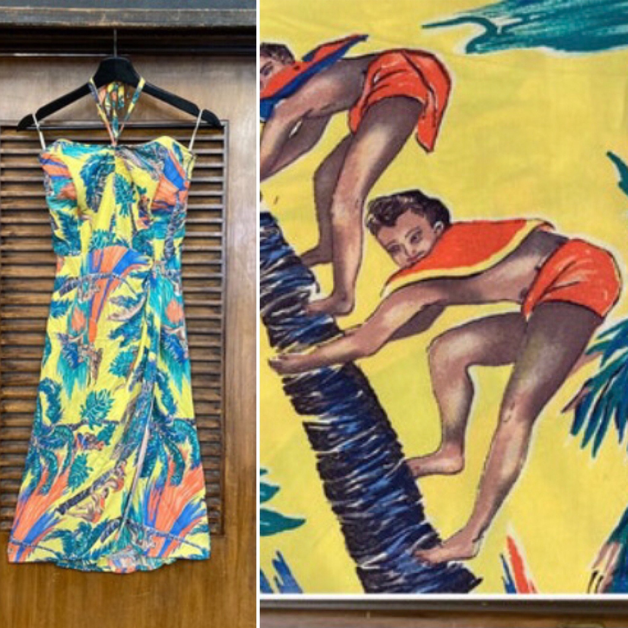 Vintage 1940's Kamehameha Rayon Coconut Climber Print Sarong Hawaiian Dress, Tropical, Tiki, Novelty Print, Rayon, 1940's