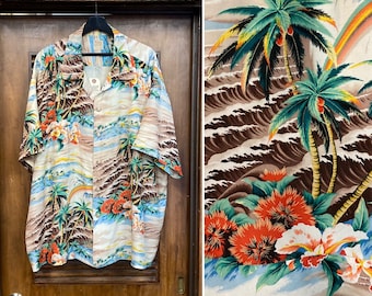 Vintage 1950er Jahre Größe 3XL „Pali“ Tropical Island Rayon Tiki Passende Taschen Hawaiihemd, 50er Jahre Loop Kragen, Vintage Kleidung