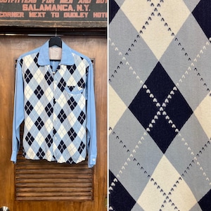 Vintage 1950’s Argyle Diamond Rayon Gabardine Rockabilly Shirt, Original, 1950’s Shirt, Loop Collar, 50’s Vintage Clothing