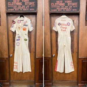 Vintage 1970’s Car Club Racing Orange Crush Drag Race Mod Disco Jumpsuit, Vintage Chainstitch, Vintage 1970’s Jumpsuit, Vintage Workwear,