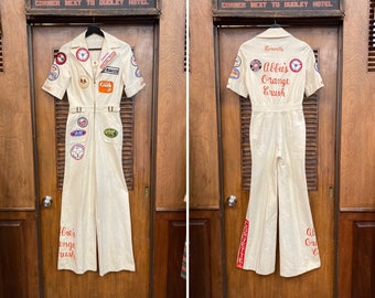 Vintage 1970’s Car Club Racing Orange Crush Drag Race Mod Disco Jumpsuit, Vintage Chainstitch, Vintage 1970’s Jumpsuit, Vintage Workwear,