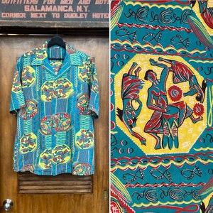ヴィンテージ 1950 年代 サイズ L/XL アトミック カートゥーン トライバル ネイティブ コットン ハワイアン ロカビリー シャツ、50 年代 キャンプ カラー、ヴィンテージ クロージング