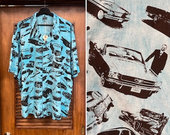 Vintage 1980’s Size XXL Vintage Car Automobile Print New Wave Cotton Surf Skate Shirt, 80’s Vintage Clothing