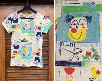 Vintage 1960’s Cartoon Pop Art Scoop Neck Mod School Drawings Printed T-Shirt, 60’s Tee Shirt, Vintage Clothing