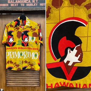 Vintage 1960’s Original “Primo” Beer Tiki Pop Art Cotton Hawaiian Shirt, 60’s Loop Collar, Vintage Clothing