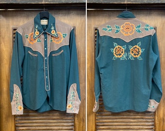 Vintage 1940er „Frontex“, zweifarbiges Western-Cowboy-Rockabilly-Hemd aus Wolle, Blumenstickerei, 40er-Jahre-Vintage-Kleidung