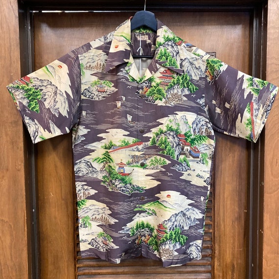 Vintage 1940's Asian Japan Design Silk Hawaiian Shirt, Loop Vintage 1940's Asian Japan Design Silk Hawaiian Shirt, Loop