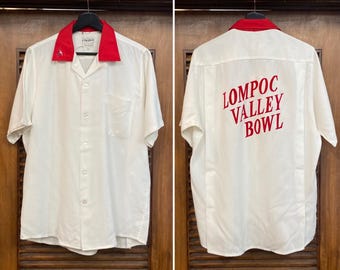 Vintage 1950’s “King Louie” Flocked Print Loop Collar Rayon Bowling Rockabilly Shirt, 1950’s Shirt