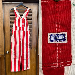 Vintage 1960s w40 Big Smith Red x White Stripe Mod Denim Overalls, Pop Art, Jeans, 60s Vintage Clothing image 1