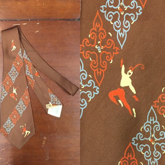 Vintage 1940s, Brown Tie, Silk Tie, Dancer Print,