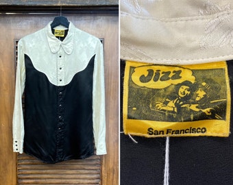 "Vintage 1970er ""Jizz"" San Francisco Glam Rock Schwarz x Weiß Floral Mod Western Rockstar Shirt, 70er Jahre Vintage Kleidung."