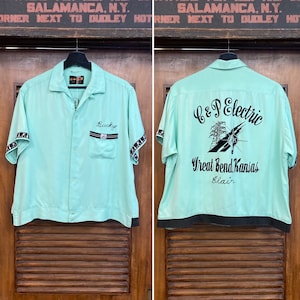Vintage 1950’s Size L “Nat Nast” Mint Green Rayon Gab Rockabilly Bowling Shirt, Flocked Detail, Atomic Symbol, 50’s Vintage Clothing