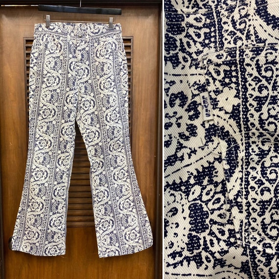 Vintage 1960s Levis Big E Flare Tapestry Print Mod Glam Denim